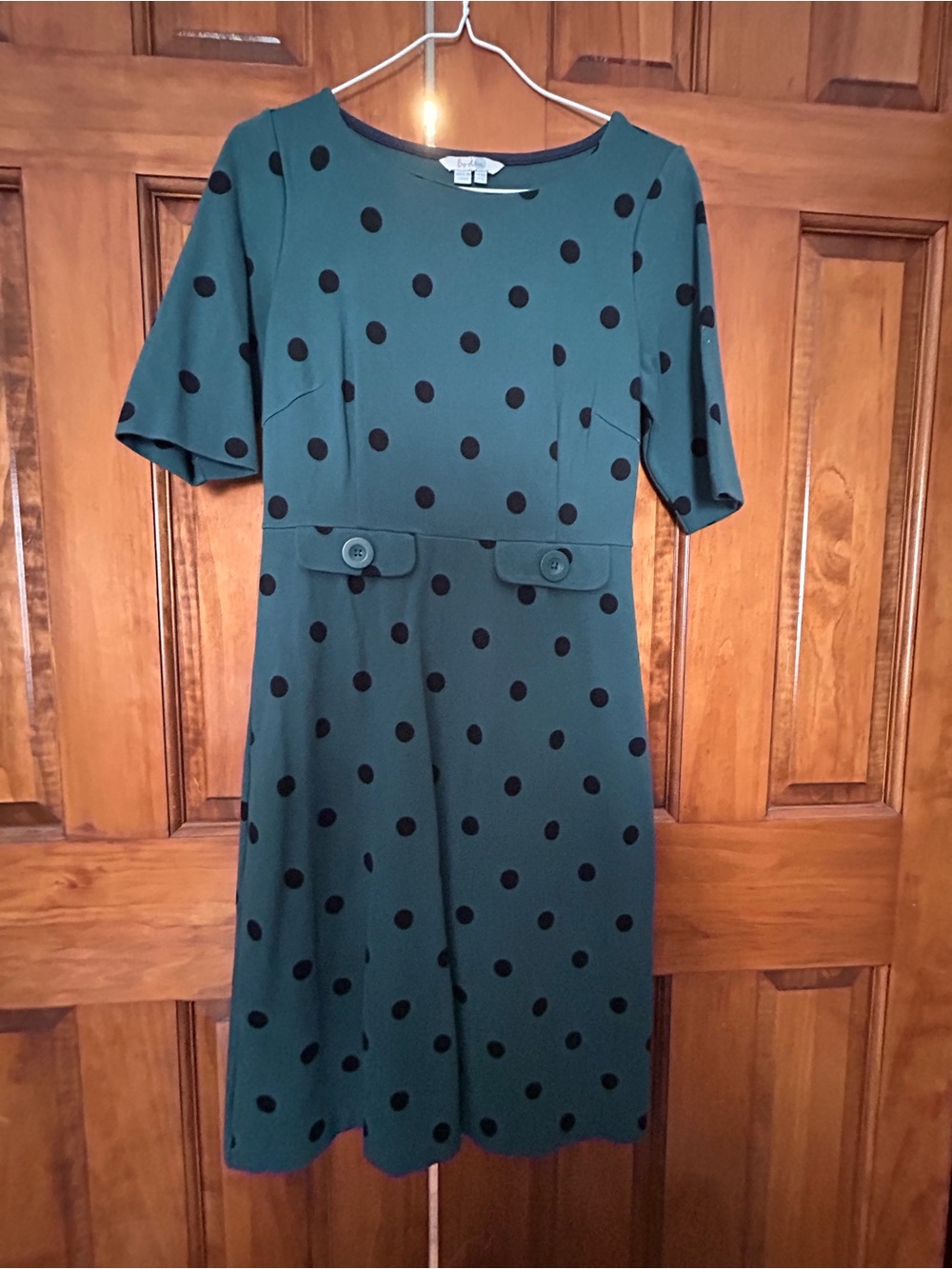 Boden Dark Green Dress with Black Polka Dots